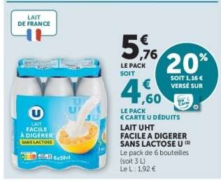 LAIT UHT FACILE À DIGERER SANS LACTOSE U