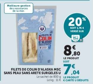 Filets de Colin d'Alaska MSC sans peau sans arête surgelés U