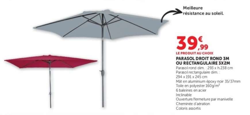 Parasol droit rond 3M ou rectangulaire 3x2M