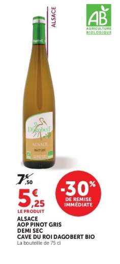 ALSACE AOP PINOT GRIS DEMI SEC CAVE DU ROI DAGOBERT BIO
