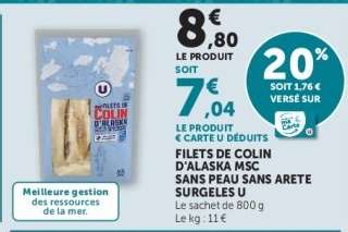 Filets de Colin d'Alaska MSC sans peau sans arête surgelés U