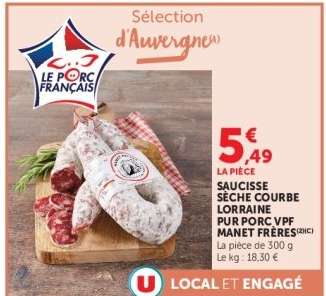 Saucisse sèche courbe Lorraine pur porc VPF Manet Frères