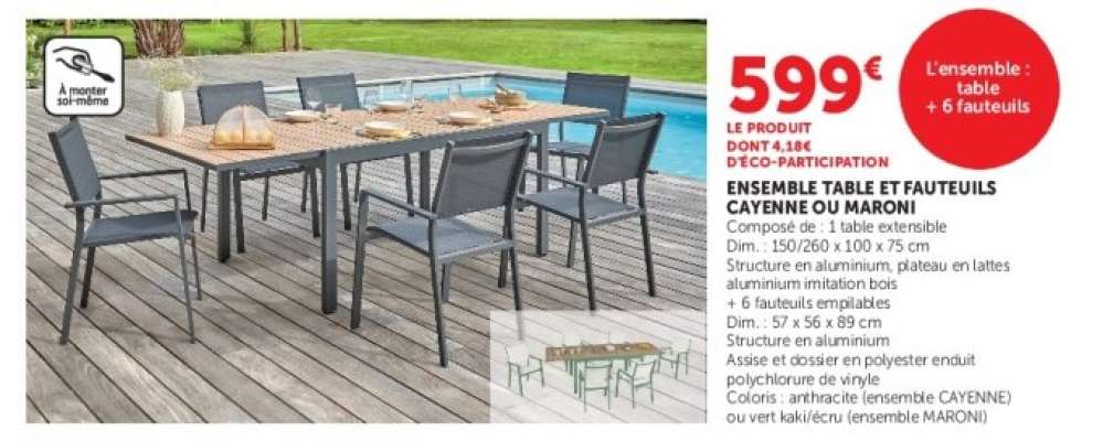 ENSEMBLE TABLE ET FAUTEUILS CAYENNE OU MARONI