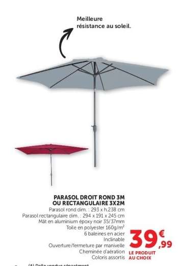 Parasol droit rond 3M ou rectangulaire 3x2M