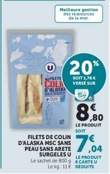 Filets de Colin d'Alaska MSC sans peau sans arête surgelés U