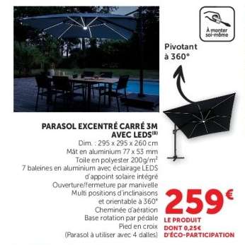 PARASOL EXCENTRÉ CARRÉ 3M AVEC LEDS