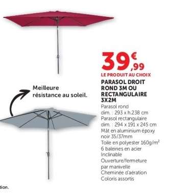 Parasol droit rond 3M ou rectangulaire 3x2M