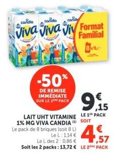 Lait UHT Vitamine 1% MG Viva Candia