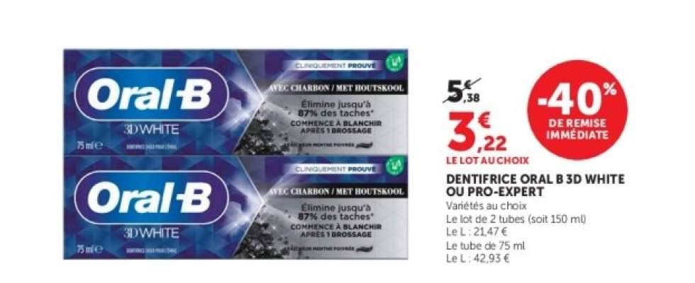 DENTIFRICE ORAL B 3D WHITE OU PRO-EXPERT
