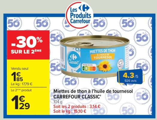 Miettes de thon à l'huile de tournesol CARREFOUR CLASSIC'