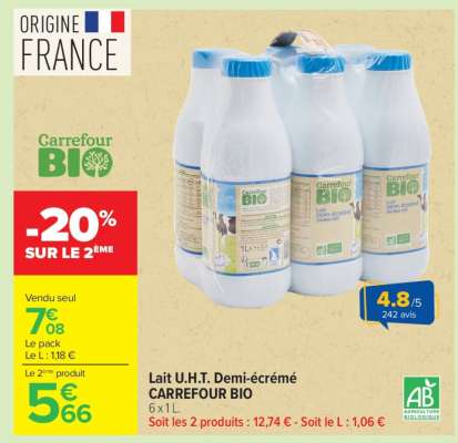 Lait U.H.T. Demi-écrémé CARREFOUR BIO