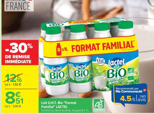 Lait U.H.T. Bio «Format familial» LACTEL