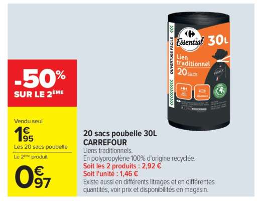 20 sacs poubelle 30L CARREFOUR