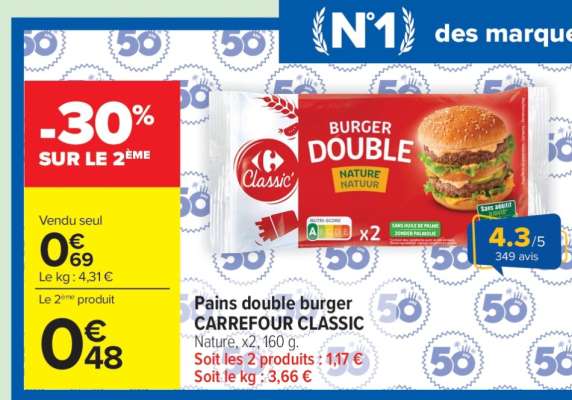 Pains double burger CARREFOUR CLASSIC