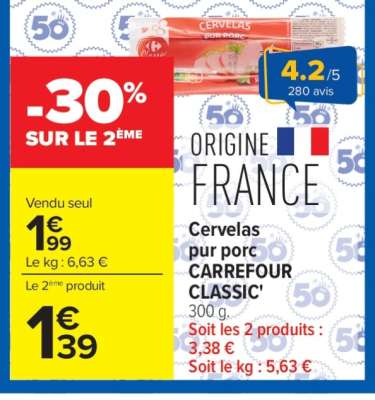 Cervelas pur porc CARREFOUR CLASSIC'