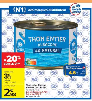Thon entier Albacore CARREFOUR CLASSIC'