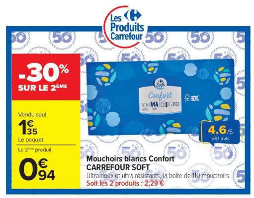 Mouchoirs blancs Confort CARREFOUR SOFT