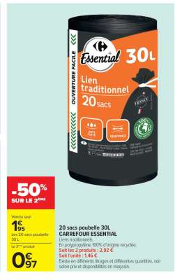 20 sacs poubelle 30L CARREFOUR ESSENTIAL