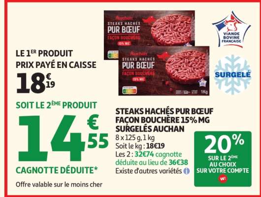 STEAKS HACHÉS PUR BŒUF FAÇON BOUCHÈRE 15% MG SURGELÉS AUCHAN