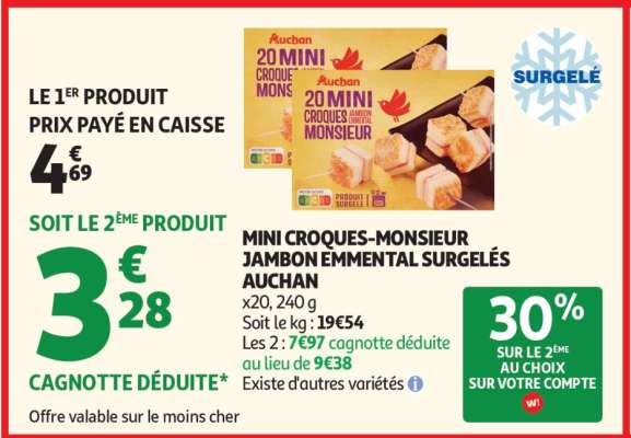 MINI CROQUES-MONSIEUR JAMBON EMMANTAL SURGELÉS AUCHAN