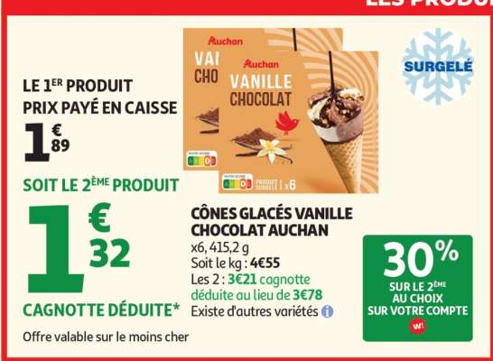Cônes glacés vanille chocolat Auchan