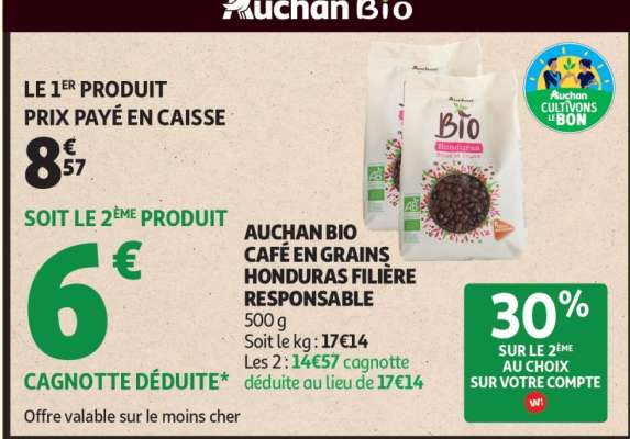 AUCHAN BIO CAFÉ EN GRAINS HONDURAS FILIÈRE RESPONSABLE