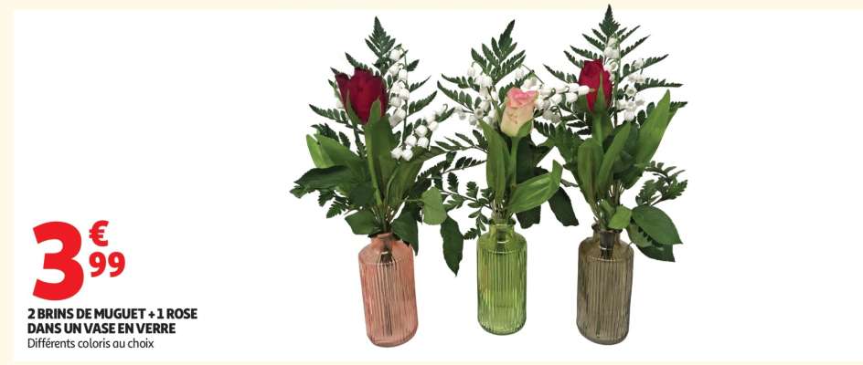 2 BRINS DE MUGUET + 1 ROSE DANS UN VASE EN VERRE
