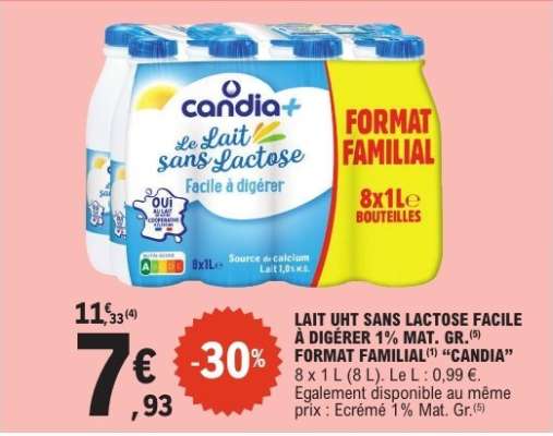 LAIT UHT SANS LACTOSE FACILE À DIGÉRER 1% MAT. GR. FORMAT FAMILIAL “CANDIA”
