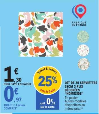 LOT DE 30 SERVIETTES 33CM 3 PLIS DÉCORÉES “HOMESIDE”