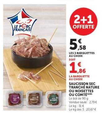 Saucisson sec tranché nature ou noisettes ou comté