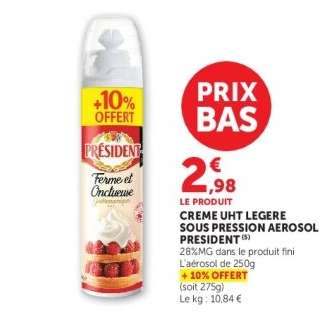 CREME UHT LEGERE SOUS PRESSION AEROSOL PRESIDENT