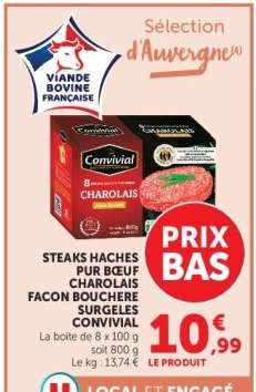 STEAKS HACHES PUR BŒUF CHAROLAIS FACON BOUCHERE SURGELES CONVIVIAL