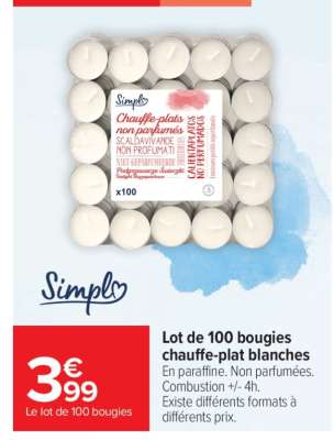 Lot de 100 bougies chauffe-plat blanches