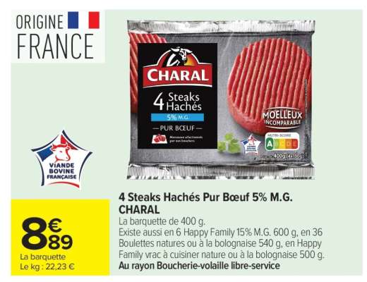 4 steaks hachés pur bœuf 5% M.G. CHARAL