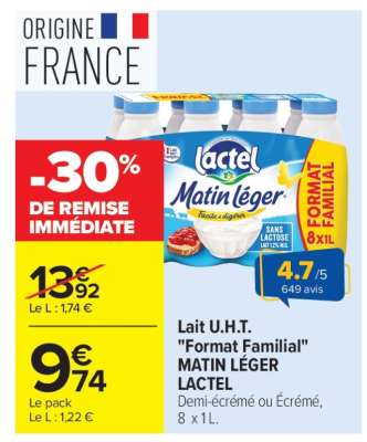 Lait U.H.T. «Format Familial» MATIN LÉGER LACTEL