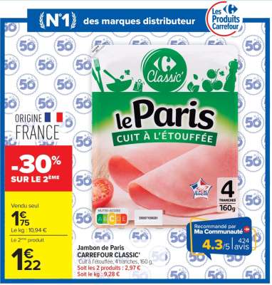 Jambon de Paris CARREFOUR CLASSIC'