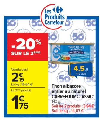 Thon Albacore entier au naturel CARREFOUR CLASSIC’