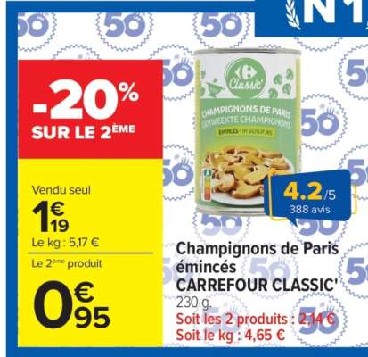 Champignons de Paris émincés CARREFOUR CLASSIC'