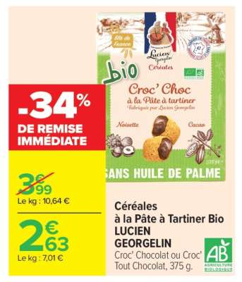 Céréales à la Pâte à Tartiner Bio LUCIEN GEORGELIN