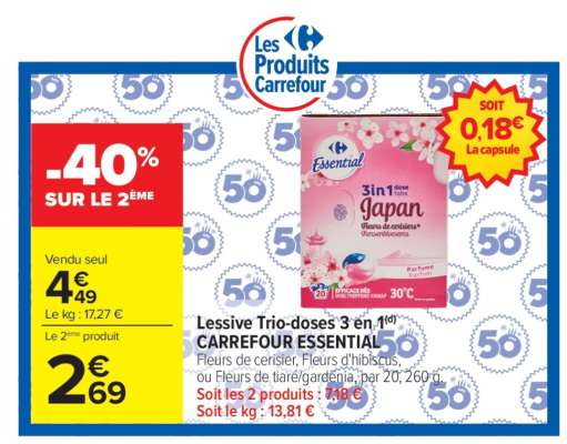 Lessive Trio-doses 3 en 1 CARREFOUR ESSENTIAL