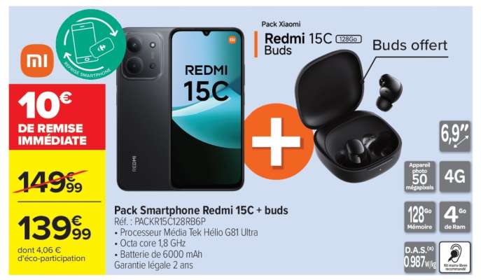 Pack smartphone redmi 15C + buds