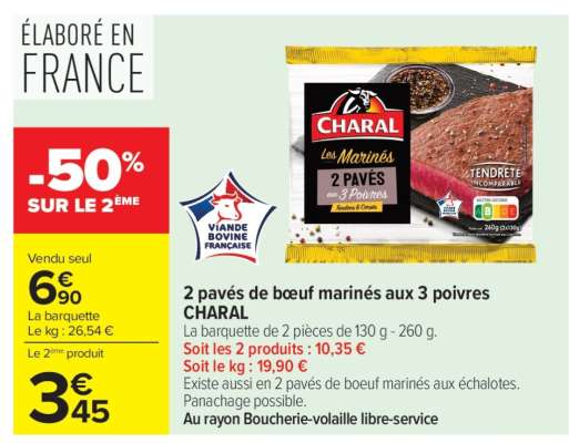 2 pavés de bœuf marinés aux 3 poivres CHARAL