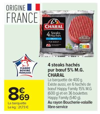 4 steaks hachés pur bœuf 5% M.G. CHARAL