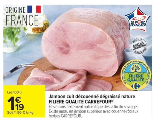 Jambon cuit découenné dégraissé nature FILIERE QUALITE CARREFOUR