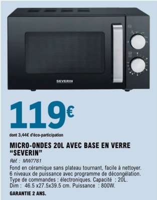 MICRO-ONDES 20L AVEC BASE EN VERRE "SEVERIN"