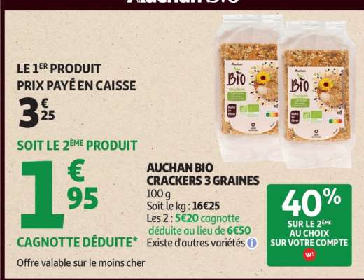 AUCHAN BIO CRACKERS 3 GRAINES