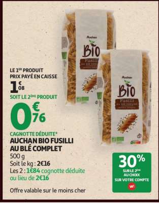 AUCHAN BIO FUSILLI AU BLÉ COMPLET