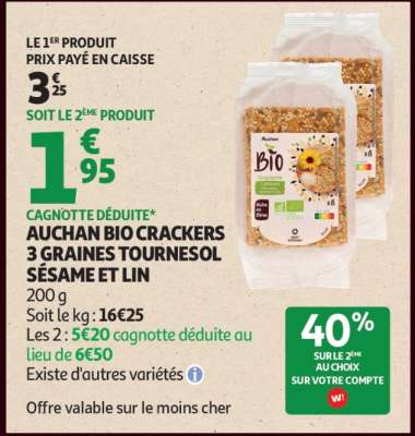AUCHAN BIO CRACKERS 3 GRAINES TOURNESOL SÉSAME ET LIN