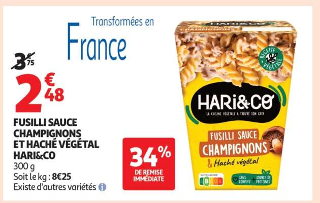 FUSILLI SAUCE CHAMPIGNONS ET HACHÉ VÉGÉTAL HARI&CO