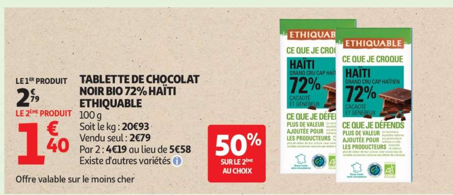 TABLETTE DE CHOCOLAT NOIR BIO 72% HAÏTI ETHIQUABLE